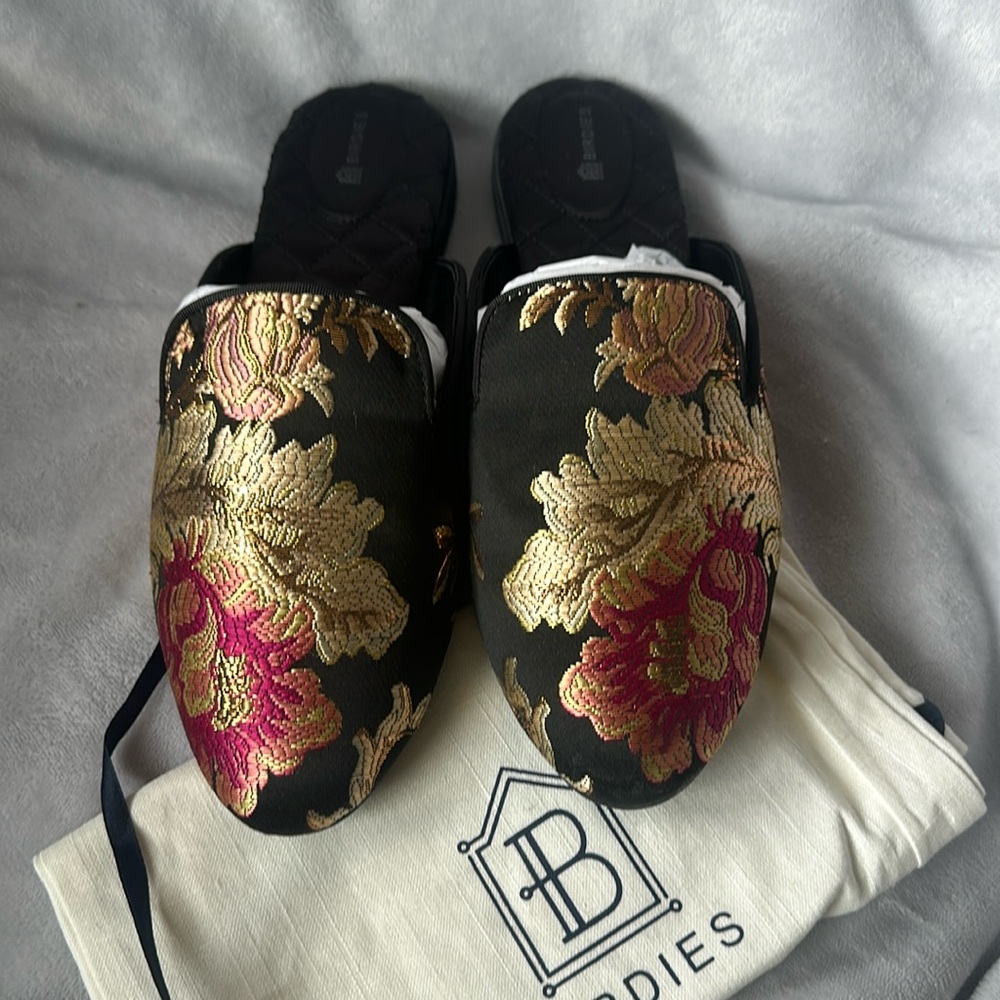 Birdies Black and Gold Floral Mules